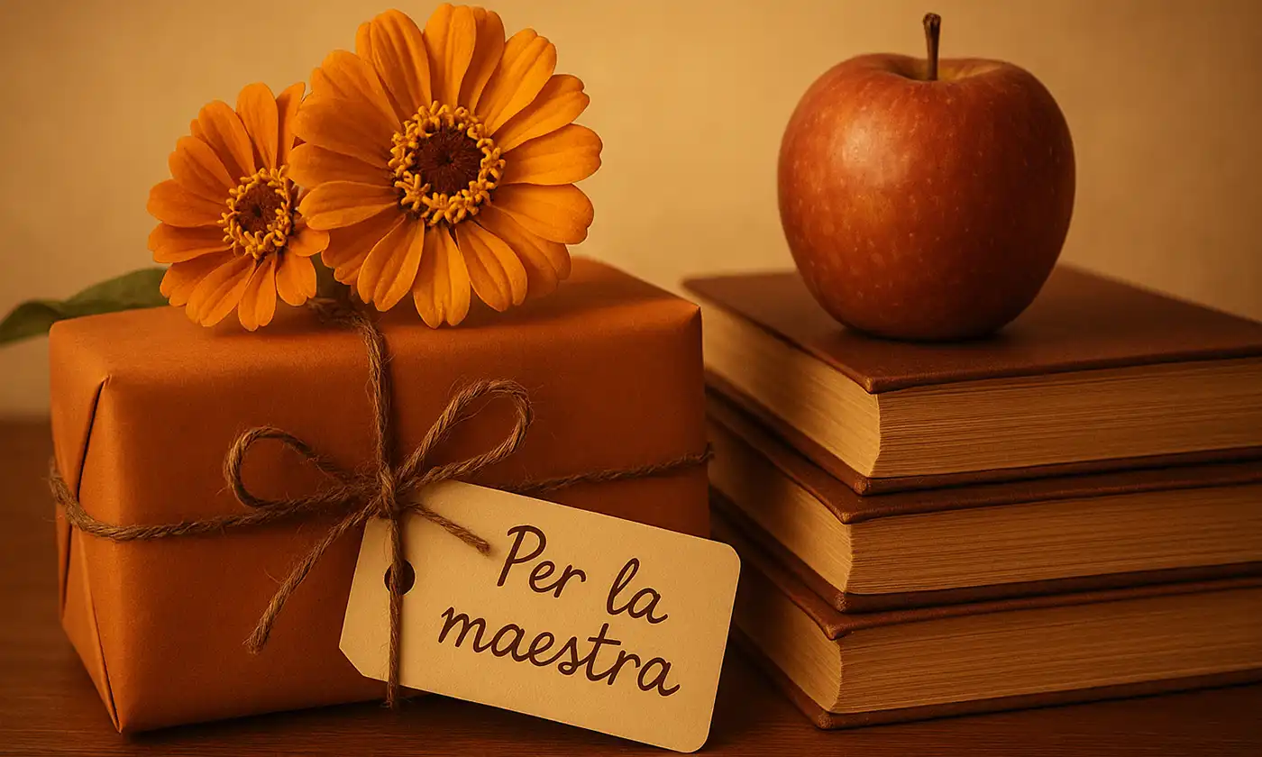 immagine tavolo con regali libri fiori e mela biglietto con scritta per la maestra