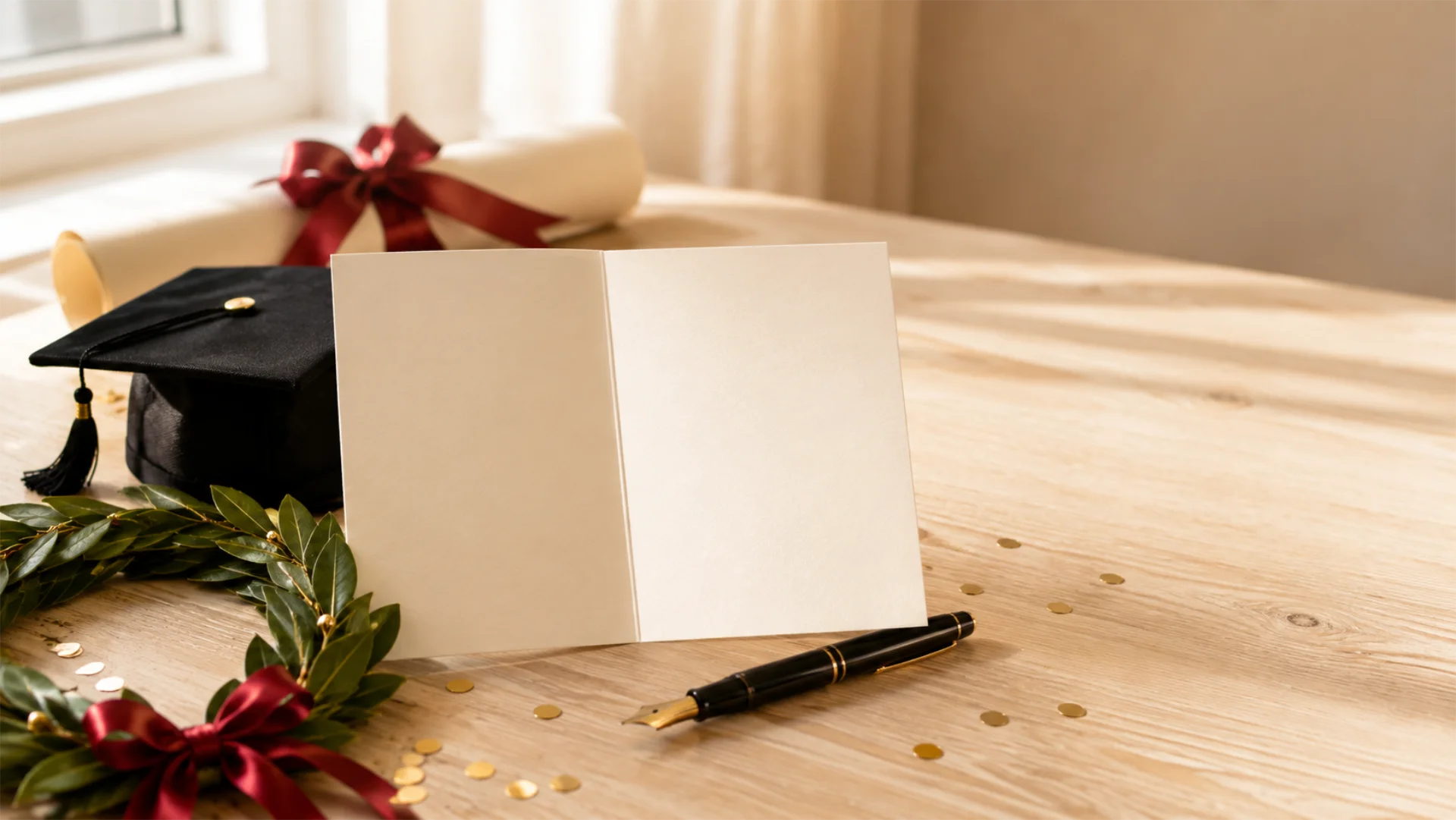 Alt text immagine Biglietto di auguri per la laurea con corona d’alloro e pergamena