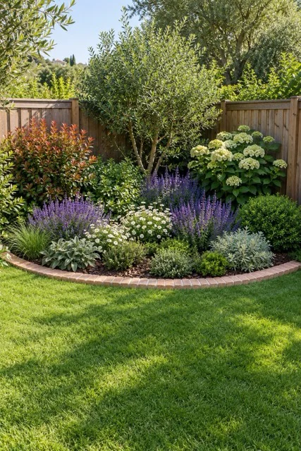Giardino ad angolo con aiuola curva
