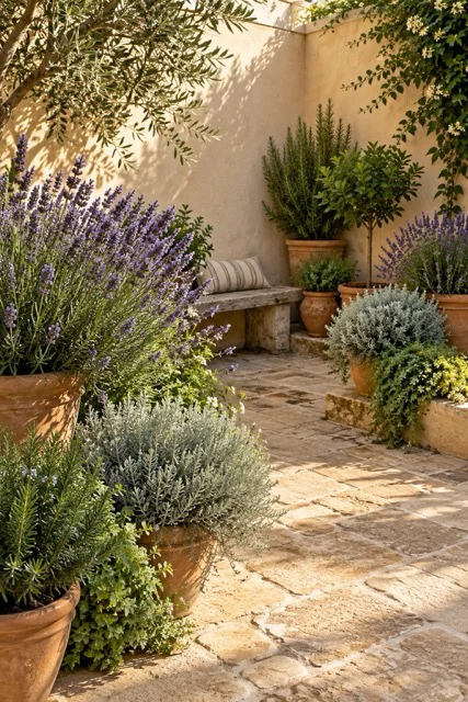 Giardino mediterraneo con lavanda e terracotta