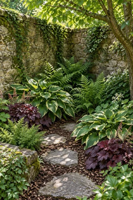 Giardino ombreggiato con felci e foglie decorative