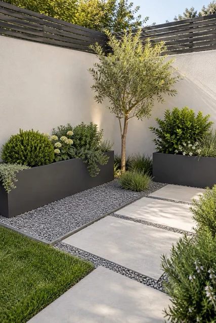 Giardino moderno con ghiaia e fioriere geometriche