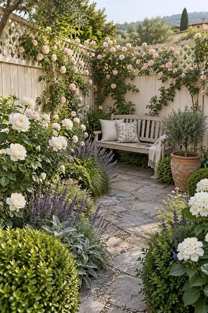 Giardino romantico con rose e fiori perenni