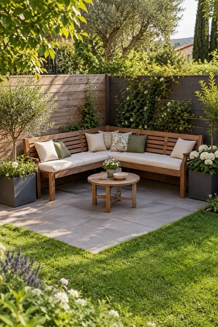 Giardino ad angolo con panchina a L