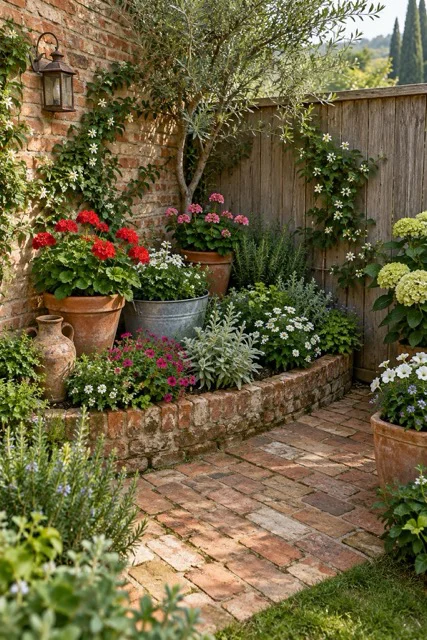 Giardino rustico con mattoni e materiali recuperati