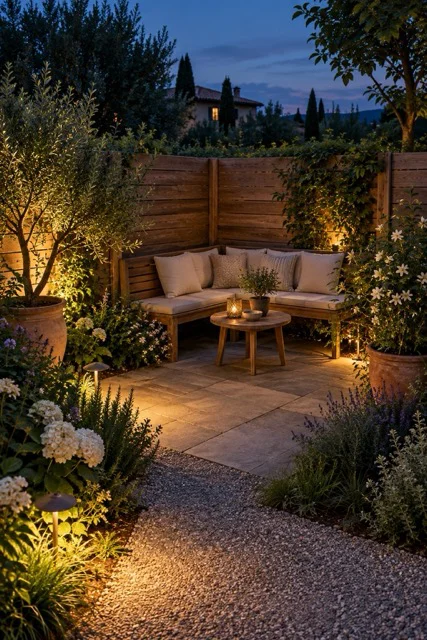 Giardino serale con luci soffuse
