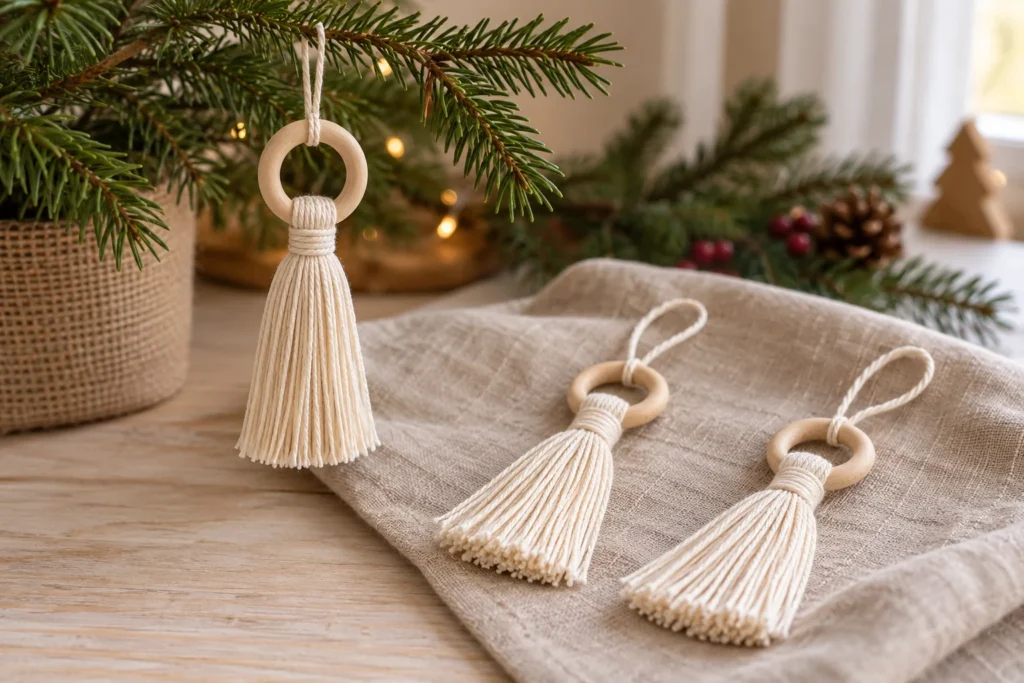 Pendenti con piccoli anelli di legno e nappine di cordino color panna